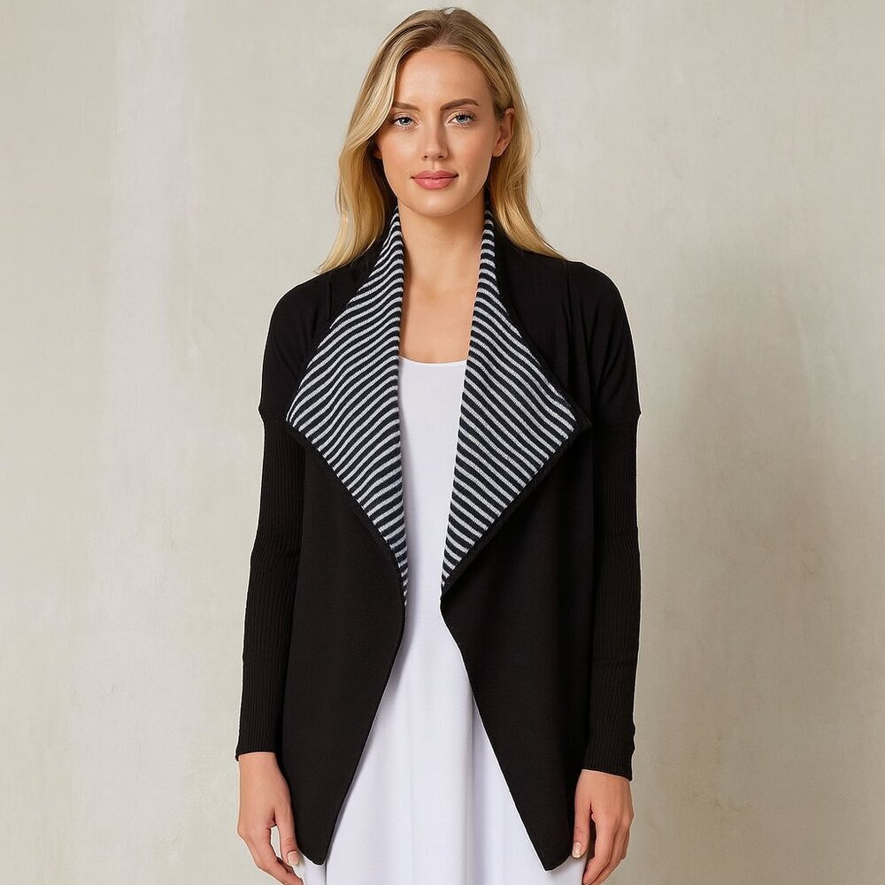 St. John Wool Striped Open Front Cardigan Sweater Long Sleeve Black Tunic Sz S/P